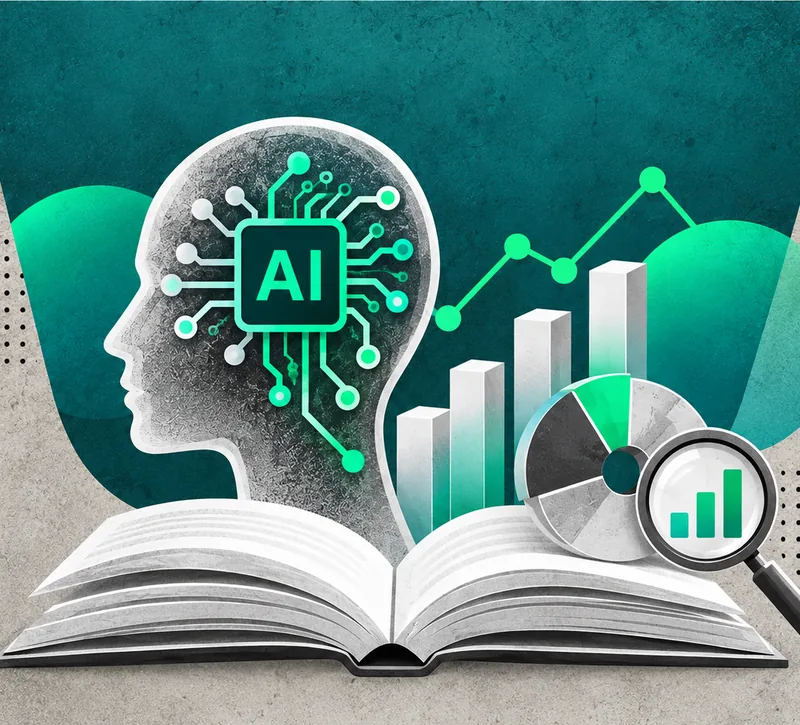 An AI head above an open book, with bar charts and a magnifying glass