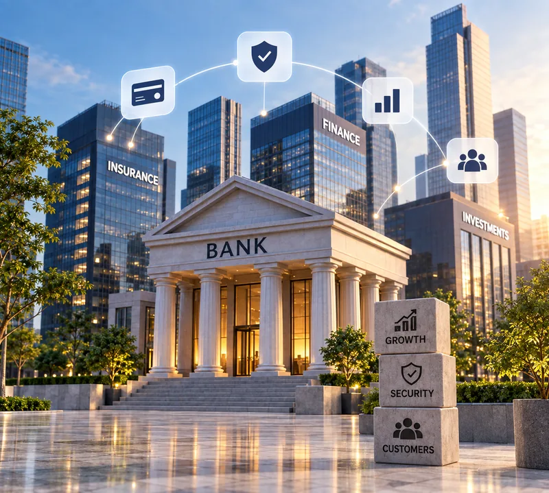 Bank building among city towers with digital finance icons