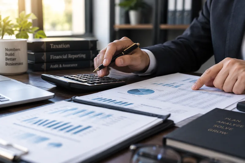 Accountant reviewing financial reports with a pen and calculator