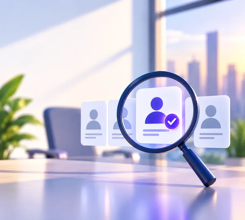 Magnifying glass highlighting a candidate profile among résumés