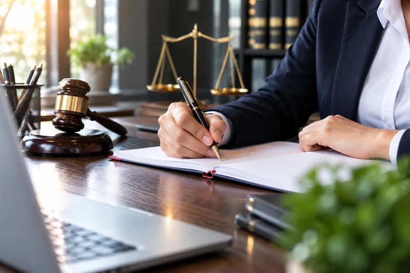 Lawyer signing documents beside the scales of justice and a gavel