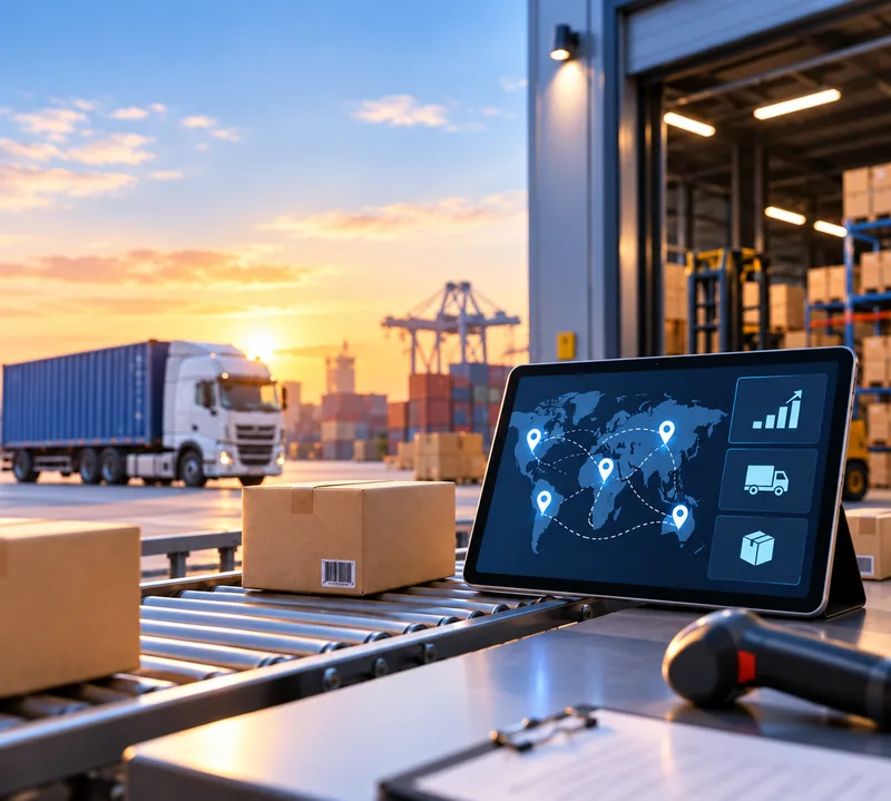 Warehouse loading bay with a truck, parcels and a tablet showing a logistics map