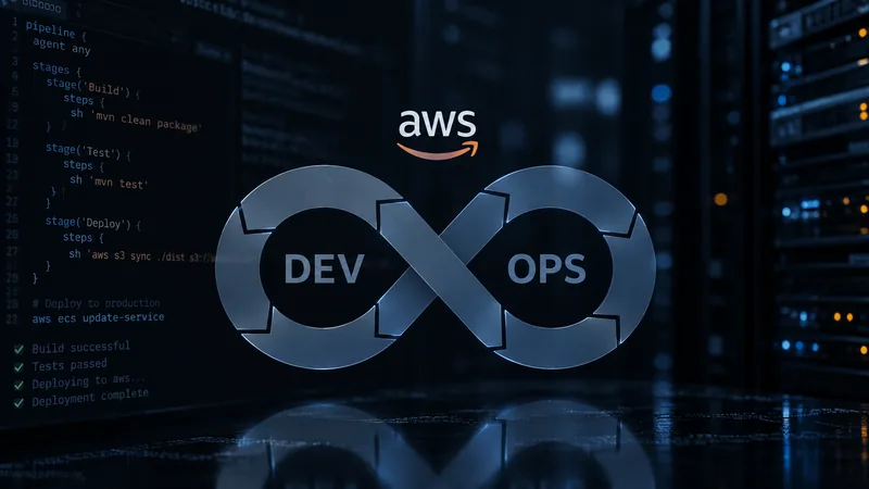 The DevOps infinity loop and the AWS logo over lines of code