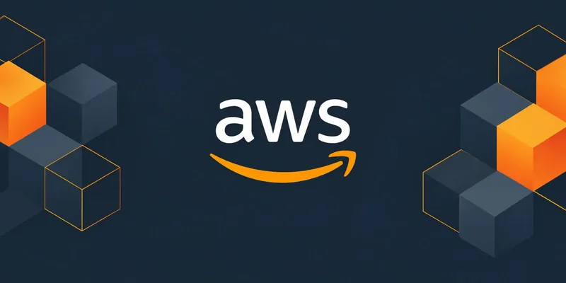 The AWS logo on a dark background with orange and grey cubes