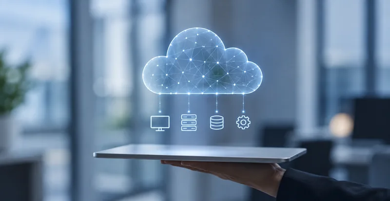 A hand holding a tablet under a cloud connected to devices and databases