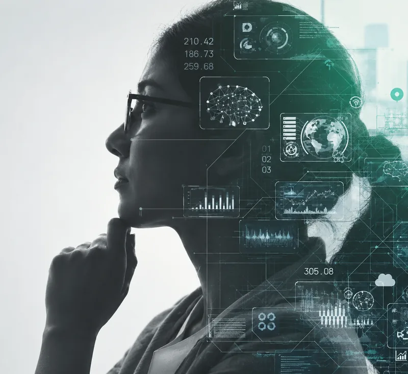 Profile of a woman deep in thought, overlaid with data charts and AI graphics