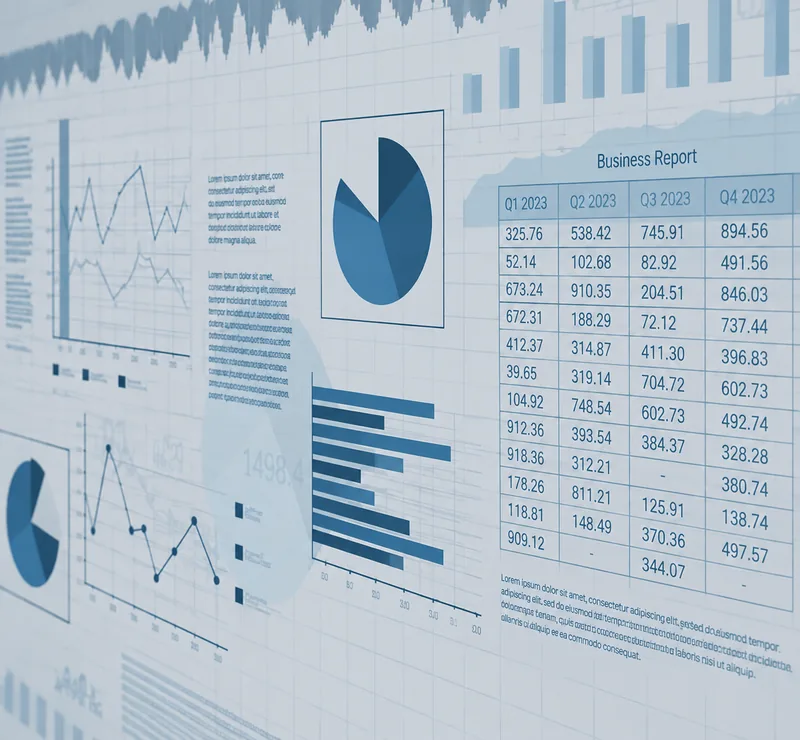 Printed business report with charts and data tables