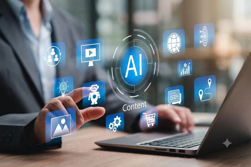 Person at a laptop surrounded by floating AI and content icons