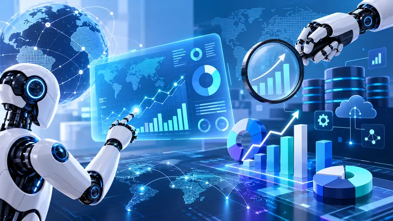 Robot using a holographic dashboard of charts and a world map