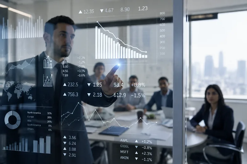 A man working with charts on a glass screen, with a meeting behind him