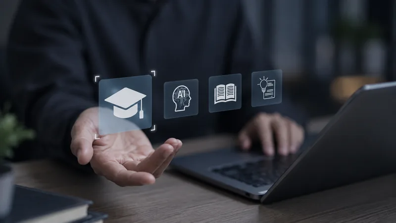Hand under a graduation cap and education icons above a laptop