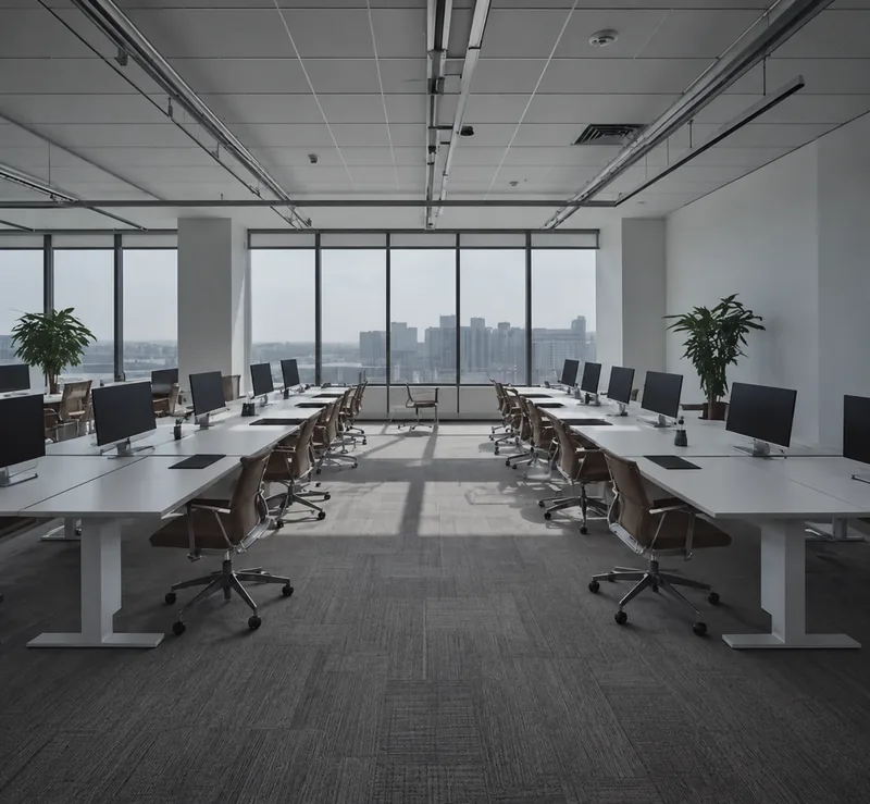 Empty modern office with rows of desks