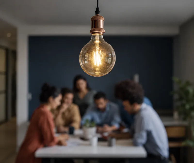 Small team meeting at a table under a hanging light bulb