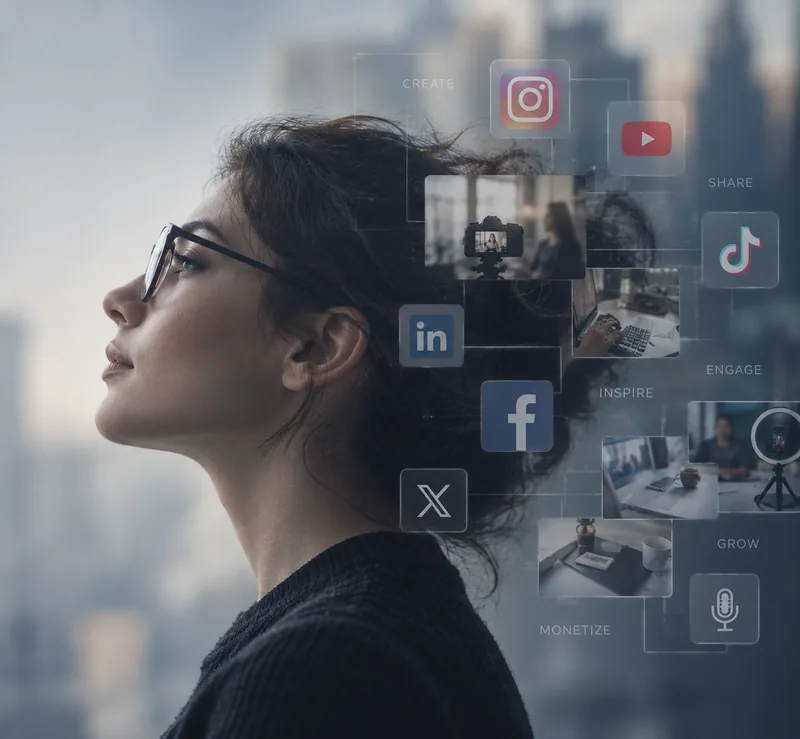 Woman in profile beside floating social media icons