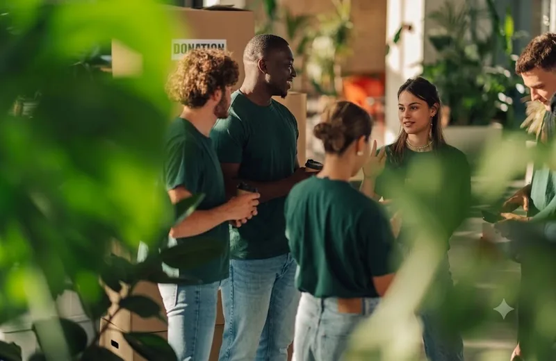 Group of young volunteers talking together outdoors