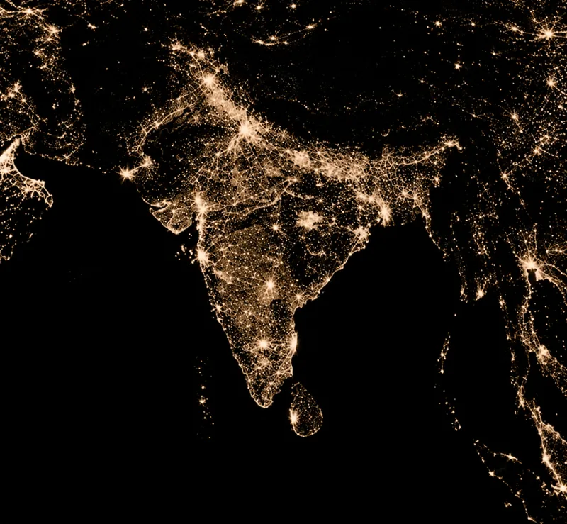Night-time satellite view of India lit up