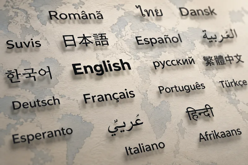 The word English among words for other languages in many scripts