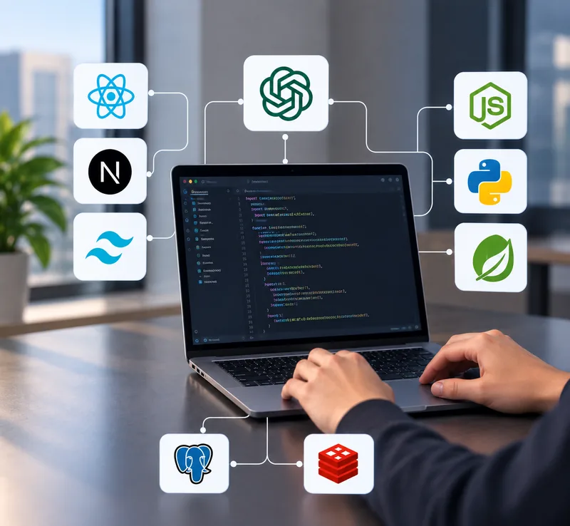 A developer at a laptop linked to React, Node.js, JavaScript and database icons