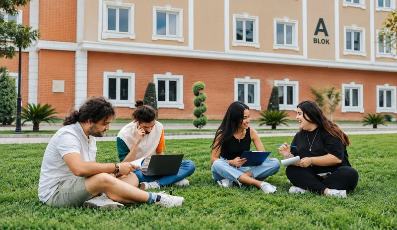 Students on the lawn outside a college building, working on laptops and notebooks