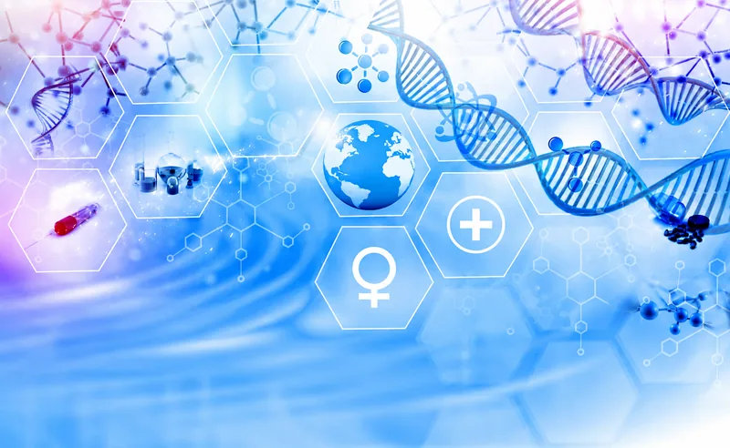 DNA helix and molecular structures on a blue science graphic