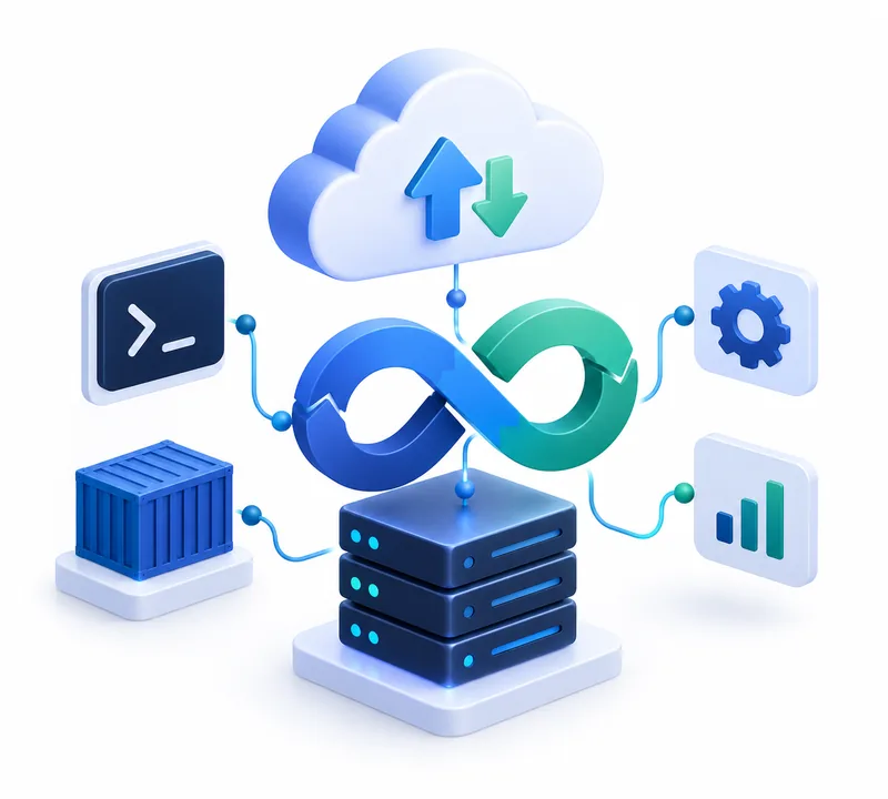 DevOps infinity loop over a cloud, linked to servers, containers and a terminal