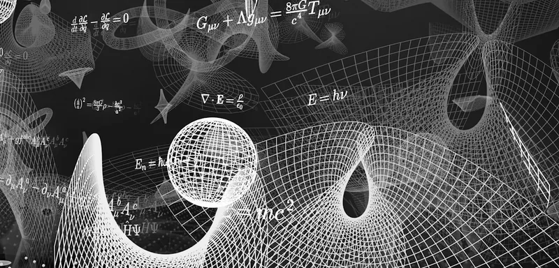 Mathematical equations and 3D wireframe surfaces on a dark background