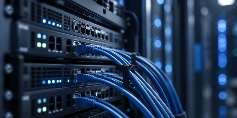 Rack-mounted switches with blue network cables plugged in