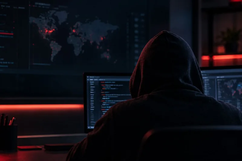 A hooded figure at computer screens in a dark room, with a world map behind
