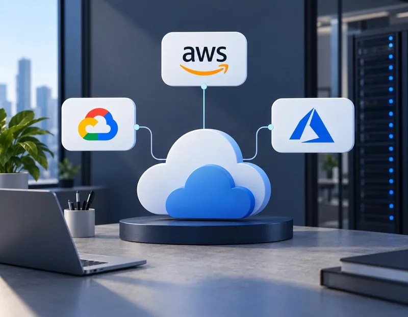A cloud icon linked to AWS, Azure and Google Cloud logos above a desk