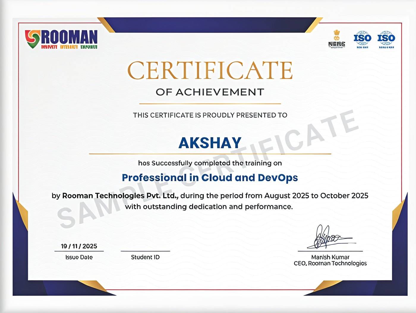 Sample Rooman certificate of achievement, for the Professional in Cloud and DevOps programme