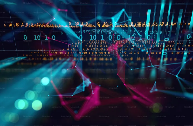 Streams of binary code and network lines in neon light