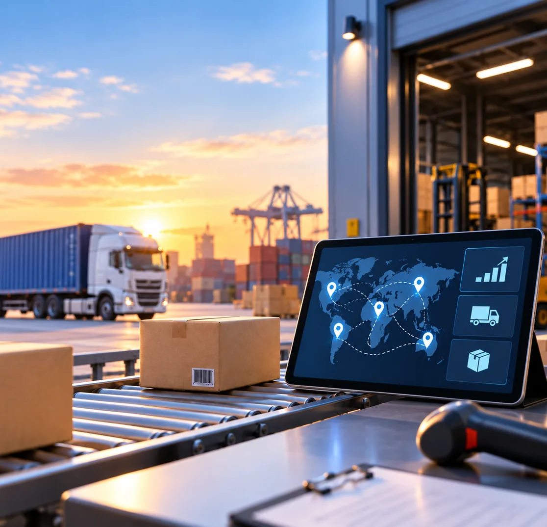 A tablet showing a logistics dashboard beside boxes on a warehouse conveyor