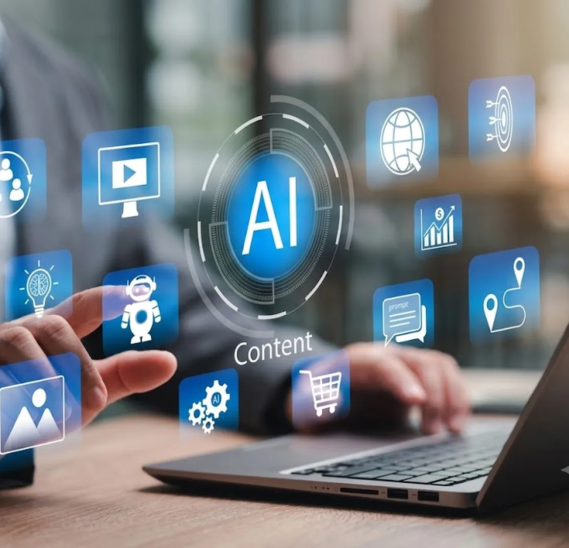 A laptop surrounded by floating AI and content icons