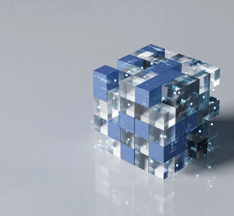 A cube of glass and blue blocks, lit from within