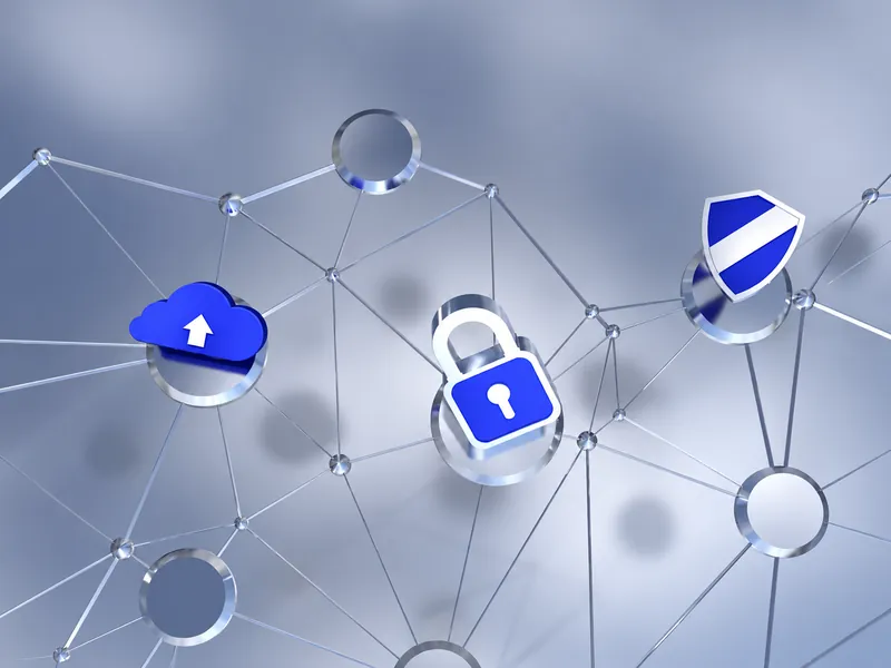 A network of linked nodes with a cloud, a padlock and a shield