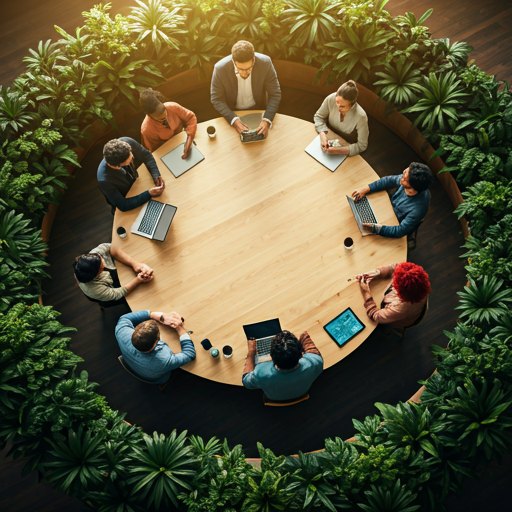 Team working with laptops around a round table, seen from above