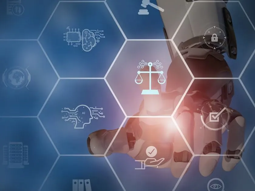 A robot hand touching hexagons of AI, security and compliance icons