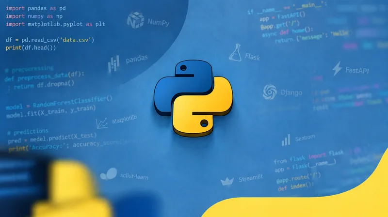The Python logo over lines of Python code
