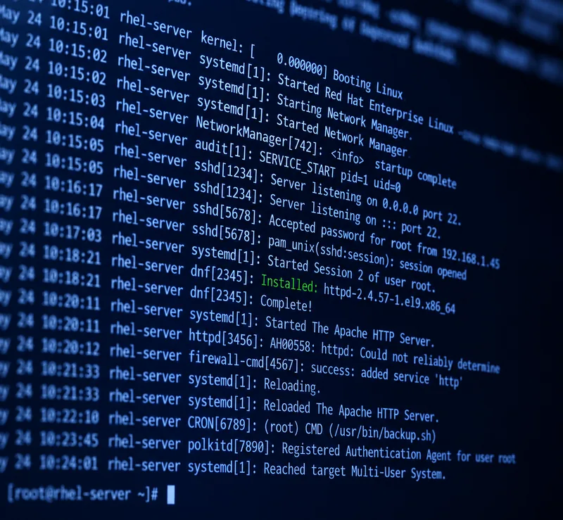 A Red Hat Enterprise Linux terminal showing system boot and service logs